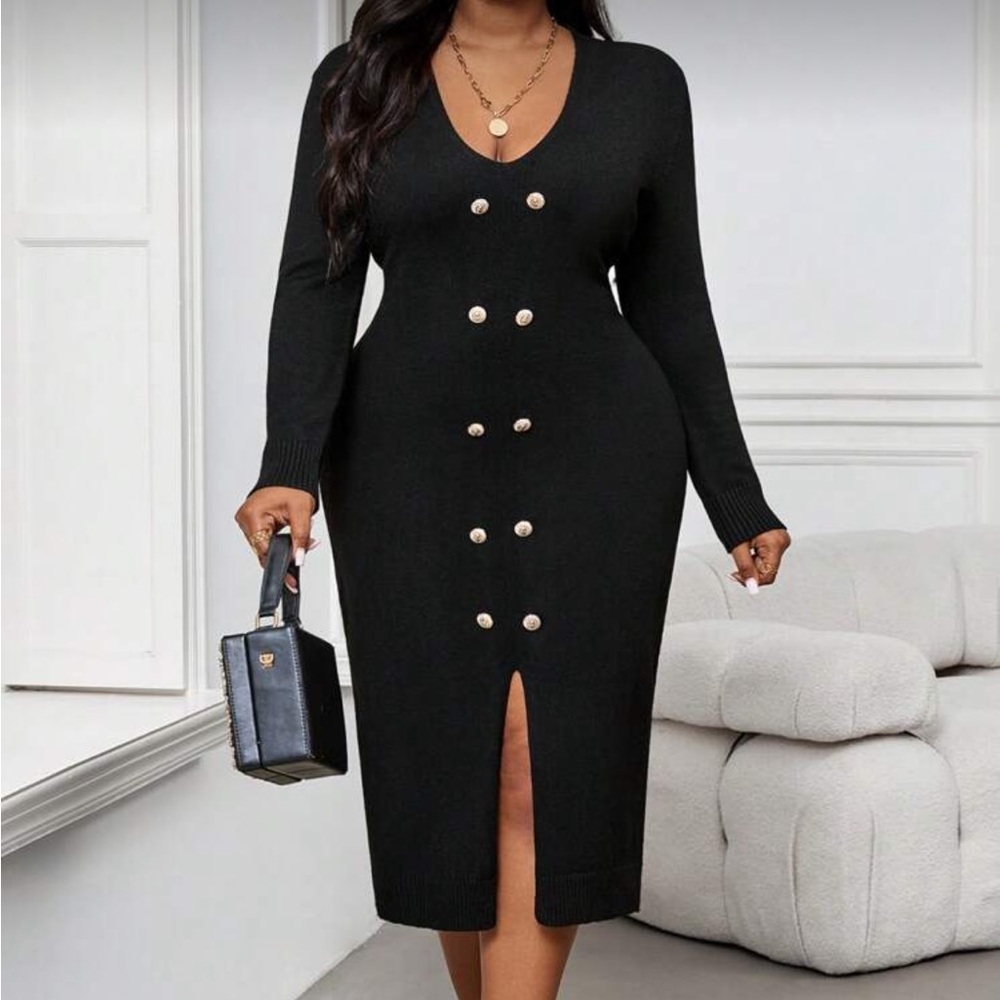 Chic Black Double-Breasted Long Sleeve Dress